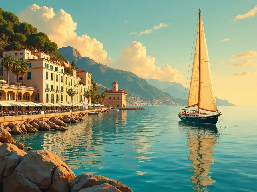 Gemalte Ansicht der französischen Mittelmeerküste / Painted view of the French Mediterranean coast