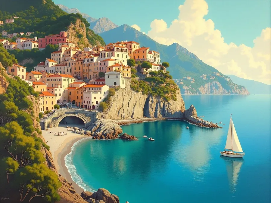 Gemalte Ansicht der italienischen Küste / Painted view of the Italian coast