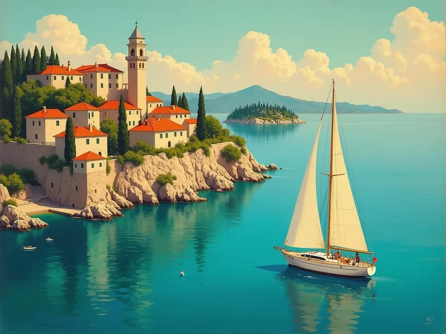 Gemalte Ansicht der kroatischen Inselkette / Painted view of the Croatian island chain
